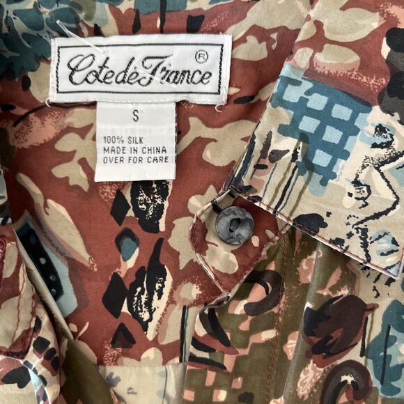 Vintage Womens Cote de France Silk Button Blouse Long Sleeve Brown Multi Sz S - Picture 12 of 13